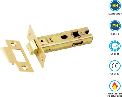 Picture of TUBULAR LATCH CE / FD / CERTIFIRE / B/T PREMIUM | 63MM | ELECTRO BRASS | PRINTED POLYBAG