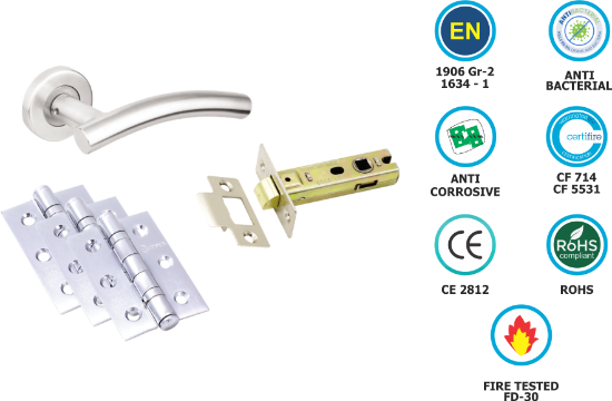 Picture of INTERNAL FIRE DOOR PACK - STAINLESS ARC (3PCS CE7 75MM TUB LATCH) | 76 MM | SATIN / SNP | DISPLAY BOX