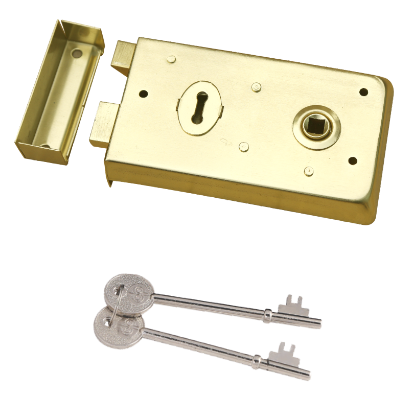 Picture of NARROW STYLE RIM LOCK  | 140 X 76MM | ELECTRO BRASS | HANG UP BOX