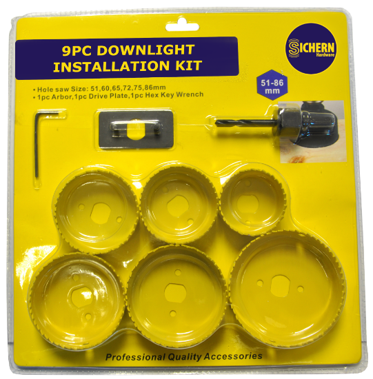 Picture of DOWNLIGHT KIT 9PC 51,60,65,72,75,86MM ARBOR, DRIVE PLATE, HEX KEY WRENCH | OTHER | OTHER | BLISTER